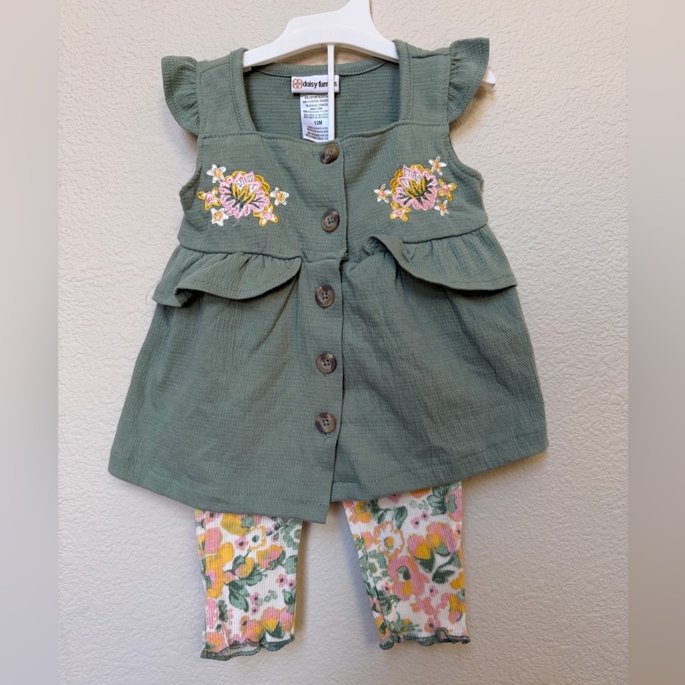 Olive Green Embroidered Baby top with Floral Leggings